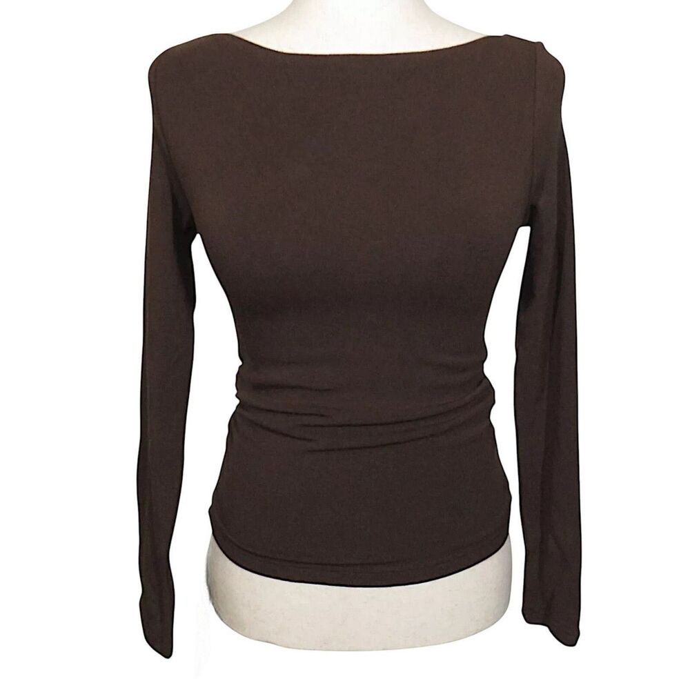 OGL Soft Cozy Eco Mousse Brown Ruched Long Sleeve Boat Neck Bra Top Size XL